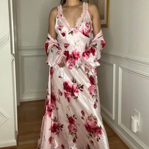 Y2K California Dynasty Pink Floral Roses Nightgown Maxi Slip with matching robe